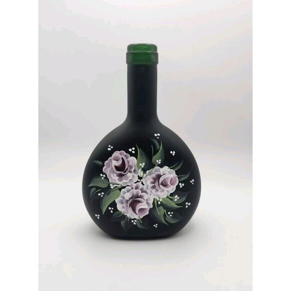 Vtg Green Glass Liquor Bottle/Vase Hand Painted Flowers Shabby Chic Boho Cottage - Picture 1 of 8